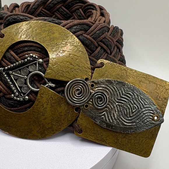 Vintage Signed Marjerie Baer Brown Wide Woven Belt Hammered Brass/Pewter Buckle main image 16